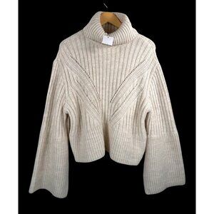 Mango bell sleeves chunky cable knit turtle neck oversized sweater cream‎ sz M